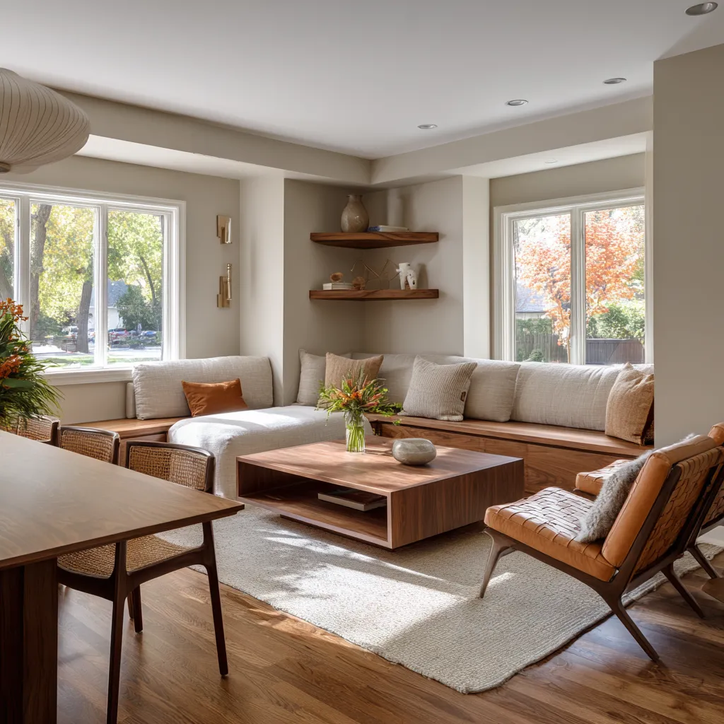 Stylish living and dining room concept with an L-shaped built-in banquette, pale cushions, broad wood coffee table Stylish living and dining room concept with an L-shaped built-in banquette, pale cushions, broad wood coffee table