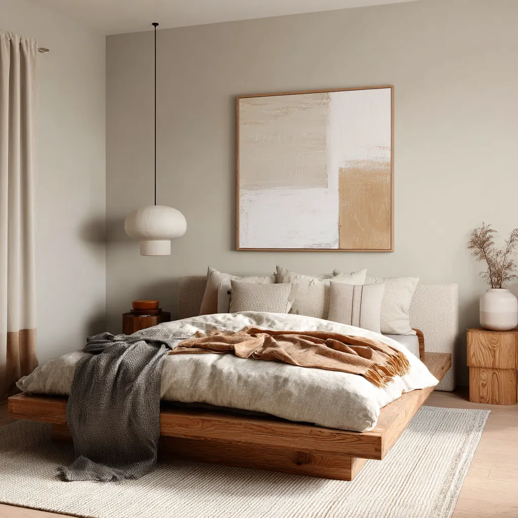 Stylish minimal boho Scandinavian bedroom with a low warm wood platform bed, pale bedding, two loosely draped throws Stylish minimal boho Scandinavian bedroom with a low warm wood platform bed, pale bedding, two loosely draped throws