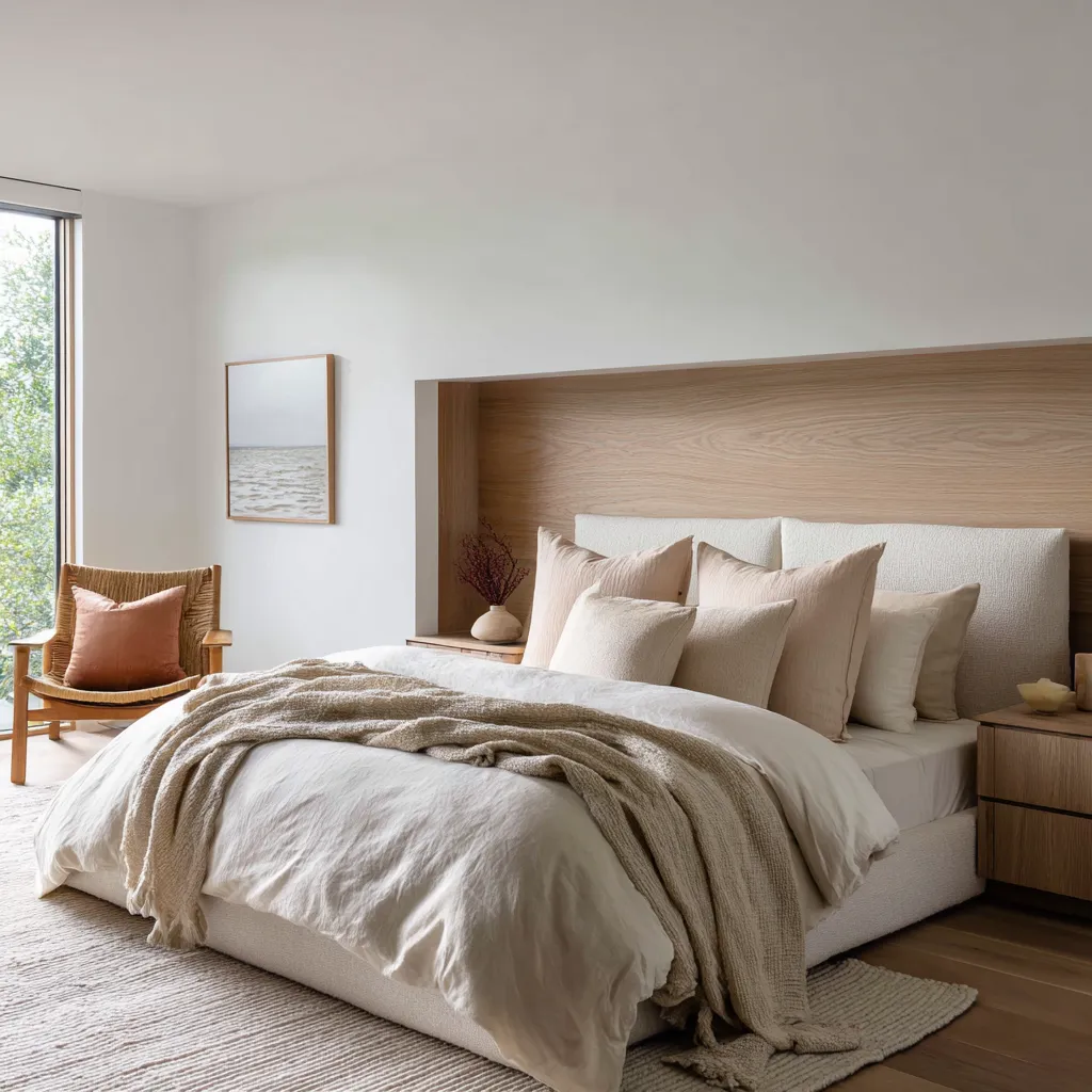Stylish modern beach bedroom design with a wood-lined bed alcove, pale woven chair, washed horizon artwork Stylish modern beach bedroom design with a wood-lined bed alcove, pale woven chair, washed horizon artwork