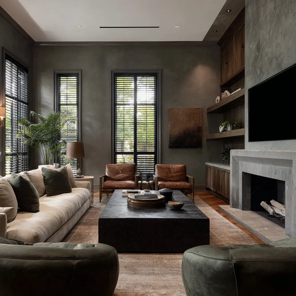 Stylish moody plaster, shutter-filtered light, and an integrated TV wall where depth meets current living Stylish moody plaster, shutter-filtered light, and an integrated TV wall where depth meets current living