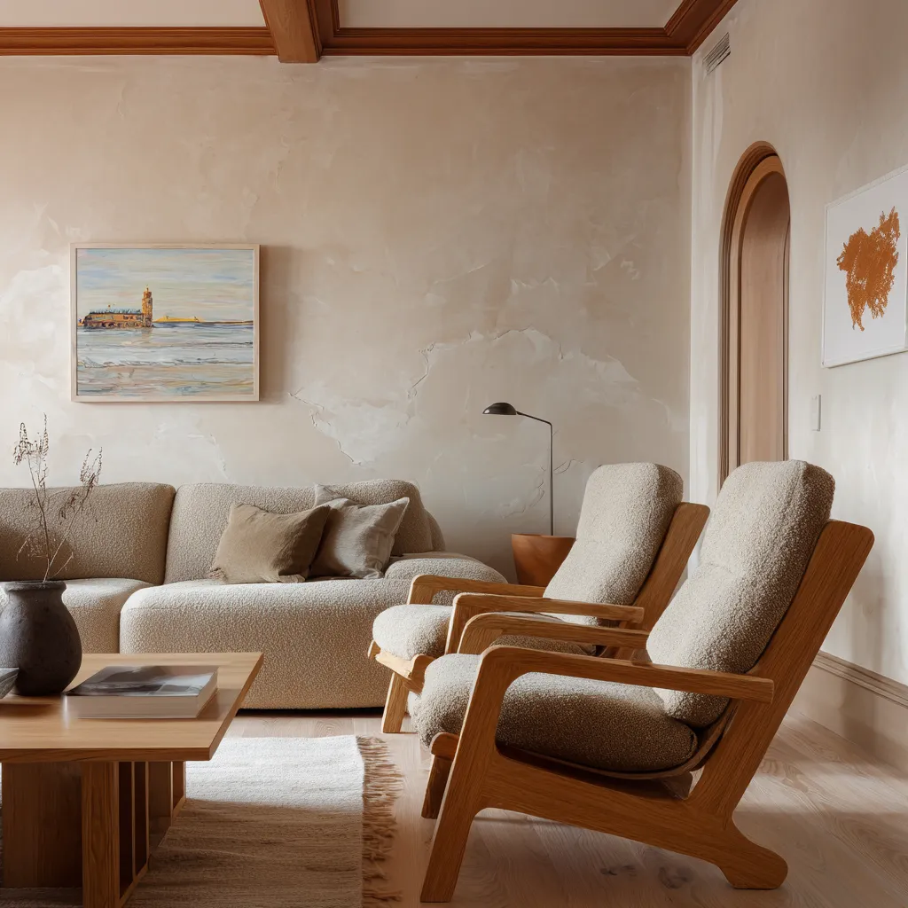Subtle Danish-inspired interior design composition with textured plaster walls, cream sofa, sculptural wood lounge chairs