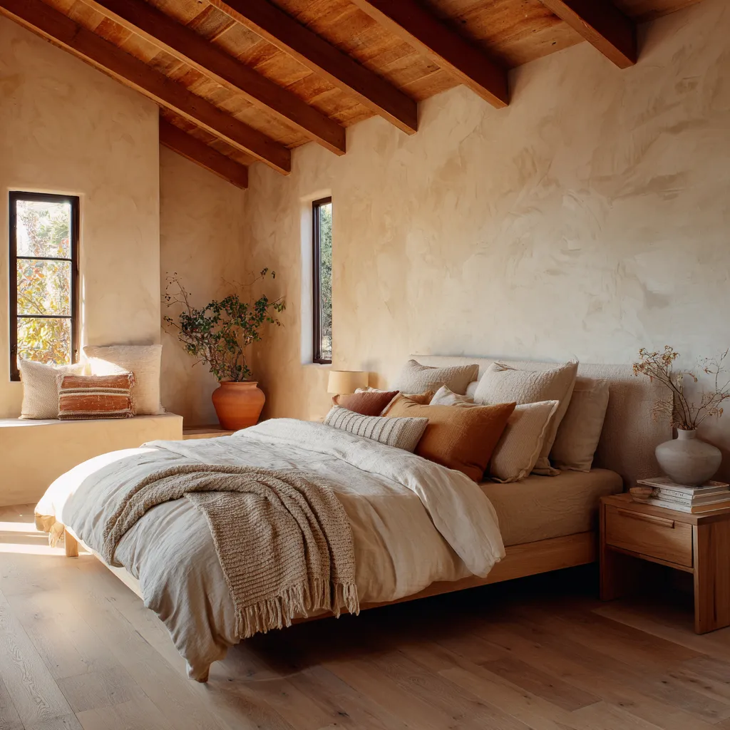 Sun-washed bedroom with exposed timber beams, hand-worked plaster walls, tall narrow windows Sun-washed bedroom with exposed timber beams, hand-worked plaster walls, tall narrow windows