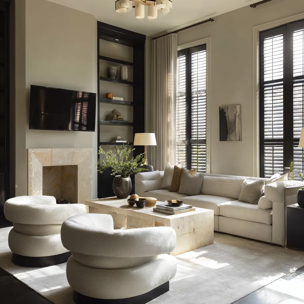 Sunlit TV-wall for New Orleans interiors with black shutters, limestone table mass, and a softer contemporary branch Sunlit TV-wall for New Orleans interiors with black shutters, limestone table mass, and a softer contemporary branch