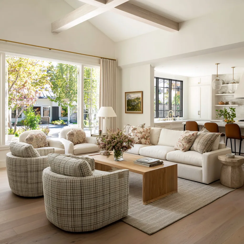 Sunlit grandmillennial family room with white sofa, plaid swivel chairs, floral accent pillows, light ceiling beams Sunlit grandmillennial family room with white sofa, plaid swivel chairs, floral accent pillows, light ceiling beams