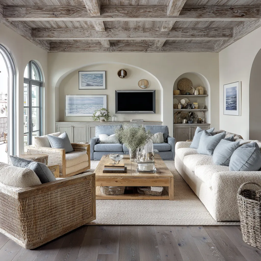 Sunlit living room with bleached timber ceiling grid, arched openings, cream and blue seating