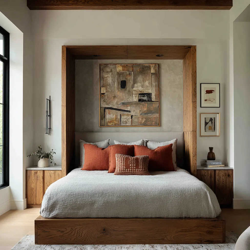 Symmetrical bedroom design with a deep oak bed alcove, plastered inset wall, centered abstract painting, pale bedding, terracotta pillows Symmetrical bedroom design with a deep oak bed alcove, plastered inset wall, centered abstract painting, pale bedding, terracotta pillows