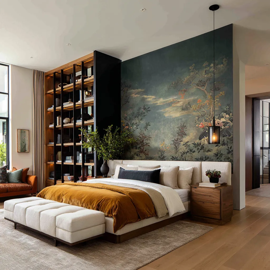 Symmetrical moody bedroom with a stepped upholstered feature wall, dark plum-brown side panels, pale bed and bench