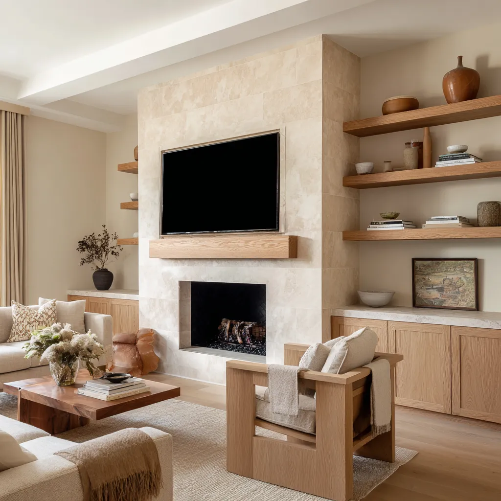 TV living room design concept in Danish style with a pale stone chimney wall, integrated TV, oak shelving TV living room design concept in Danish style with a pale stone chimney wall, integrated TV, oak shelving