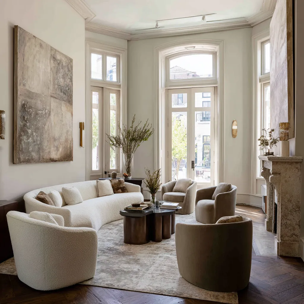 Tall formal living room design with a curved sofa, rounded chairs, clustered dark tables, pale carved fireplace, large abstract art Tall formal living room design with a curved sofa, rounded chairs, clustered dark tables, pale carved fireplace, large abstract art