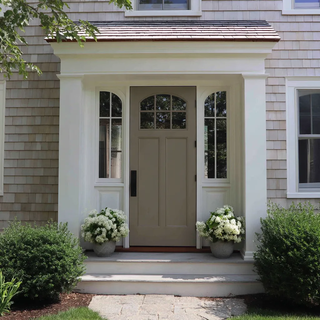 Taupe-gray main front door design with shallow arched upper glass and arched sidelights inside a deep white surround Taupe-gray main front door design with shallow arched upper glass and arched sidelights inside a deep white surround