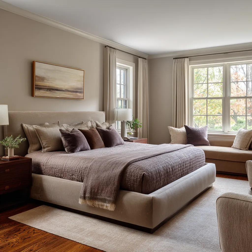 Taupe-toned bedroom ideas with a broad upholstered bed, layered neutral bedding, window bench, and soft landscape artwork Taupe-toned bedroom ideas with a broad upholstered bed, layered neutral bedding, window bench, and soft landscape artwork