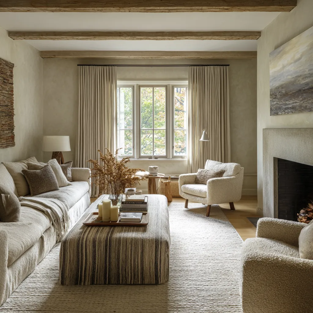 Textile-rich rustic Scandinavian living room decorating concept with ceiling beams, a centered drapery wall, long sofa Textile-rich rustic Scandinavian living room decorating concept with ceiling beams, a centered drapery wall, long sofa