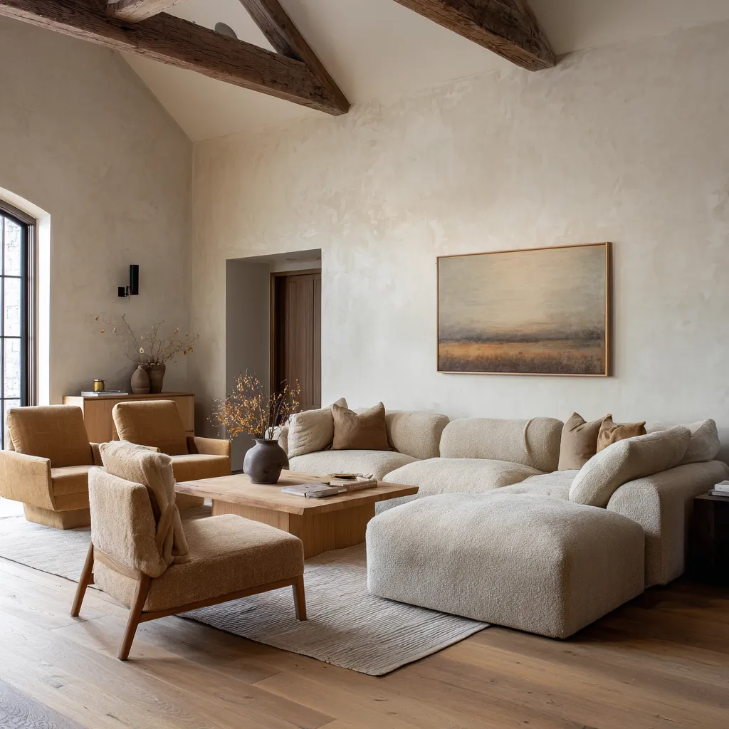 Textural Scandinavian living room with a vaulted ceiling, dark rustic beams, creamy sectional