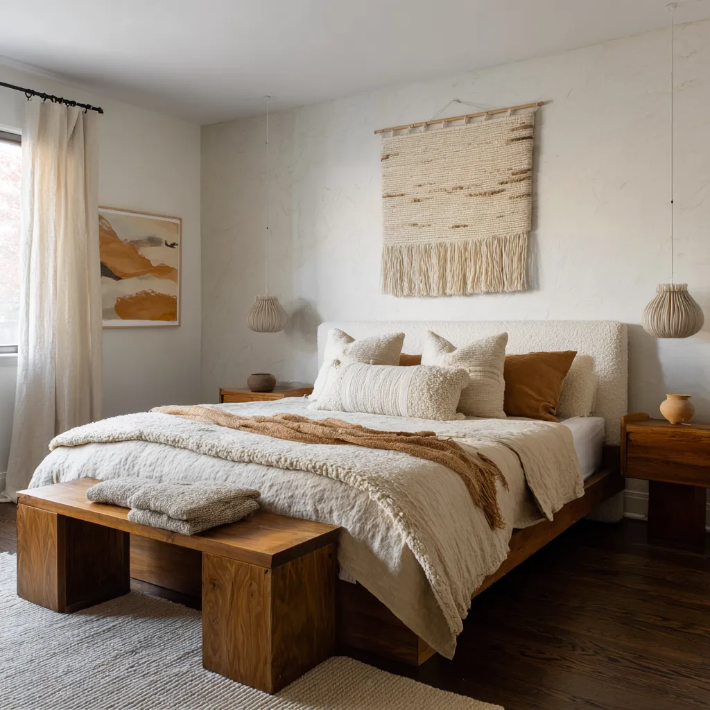 Textural artisan bedroom with a centered bed, a large woven wall hanging above the headboard, ribbed hanging lamps Textural artisan bedroom with a centered bed, a large woven wall hanging above the headboard, ribbed hanging lamps