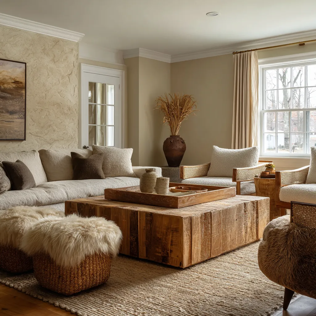 Textural rustic Scandinavian living room design idea with a rough plaster feature wall, oversized weathered wood cube table Textural rustic Scandinavian living room design idea with a rough plaster feature wall, oversized weathered wood cube table