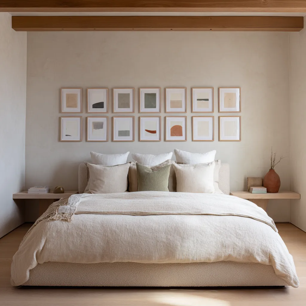 The art row sits close enough to the bed to remain linked to it, which is important in a room like this where the overall mood is gentle and open The art row sits close enough to the bed to remain linked to it, which is important in a room like this where the overall mood is gentle and open