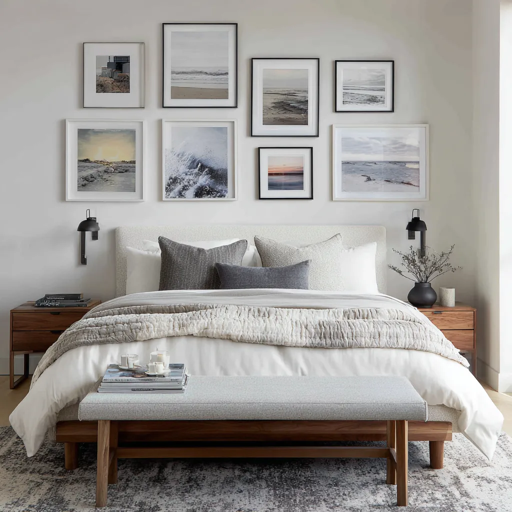 This bedroom concept takes a more graphic route, using a row of five medium-sized framed artworks above the bed, This bedroom concept takes a more graphic route, using a row of five medium-sized framed artworks above the bed,