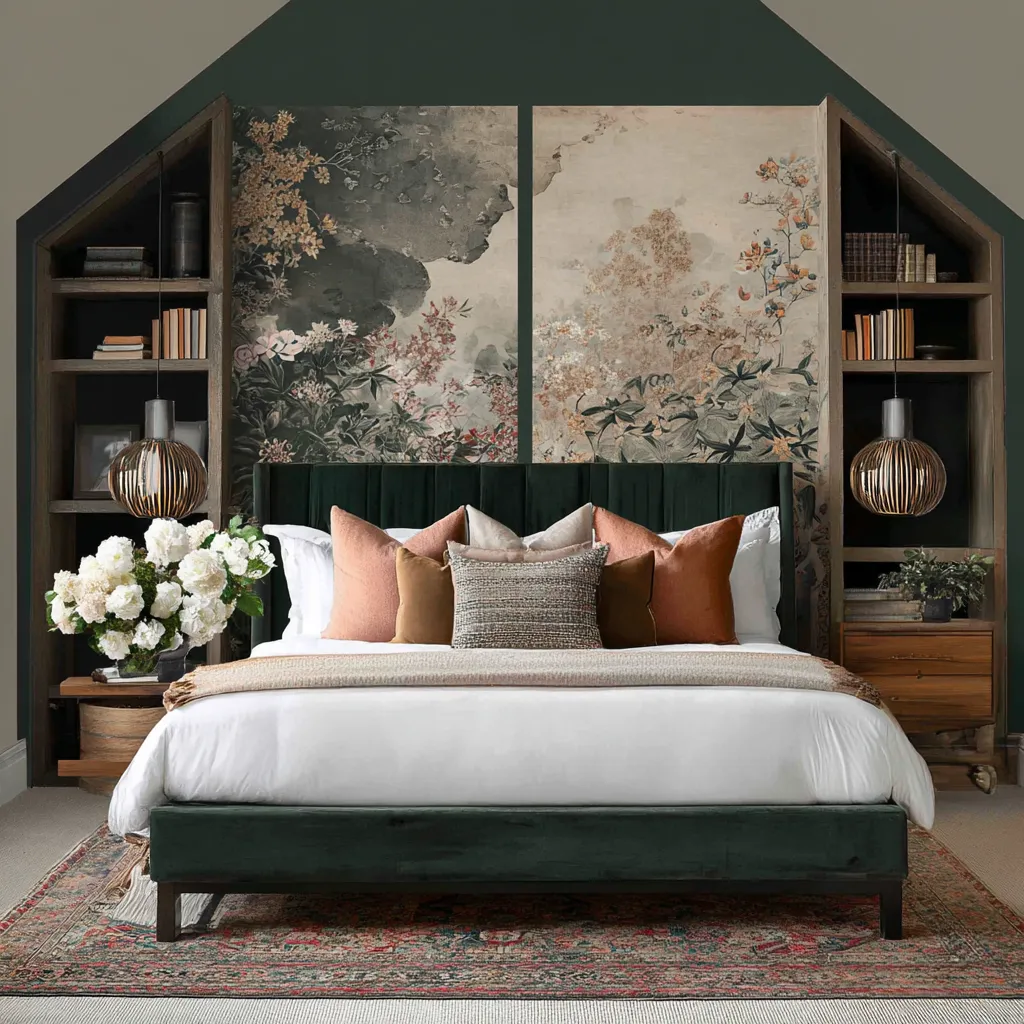 This bedroom design builds eclectic maximalism through a very formal architectural armature and then softens that rigor with painterly botanicals This bedroom design builds eclectic maximalism through a very formal architectural armature and then softens that rigor with painterly botanicals