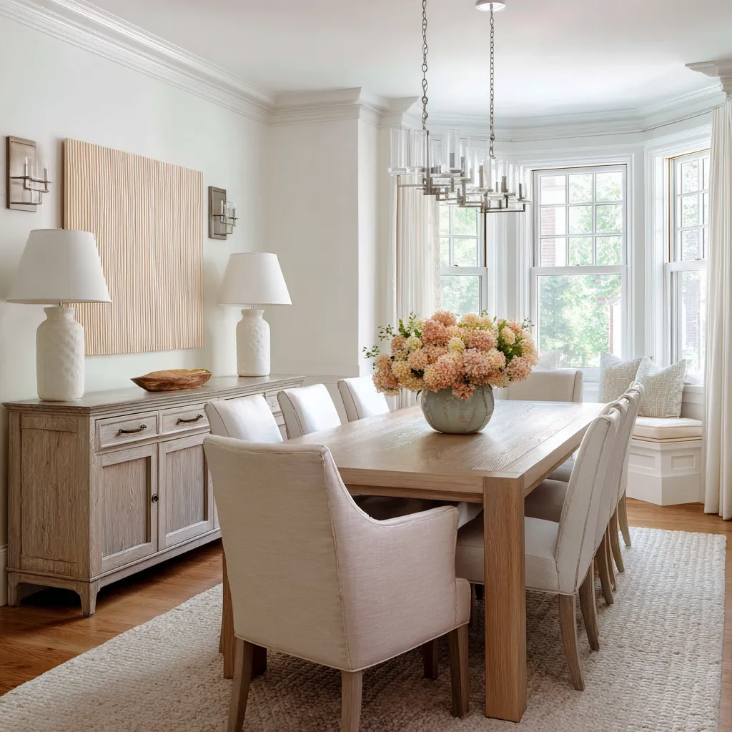 Traditional coastal dining room design with a bleached wood sideboard, vertical reed-like wall panel, pale ceramic lamps Traditional coastal dining room design with a bleached wood sideboard, vertical reed-like wall panel, pale ceramic lamps
