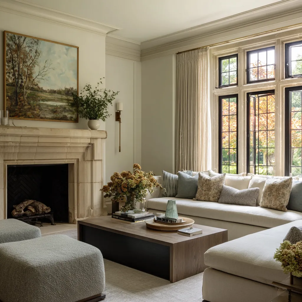 Traditional design featuring tall black-mullioned windows, solid stone fireplace, long sofa, dark wood coffee table Traditional design featuring tall black-mullioned windows, solid stone fireplace, long sofa, dark wood coffee table