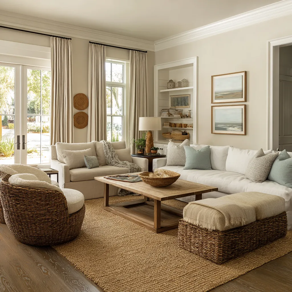 Traditional-leaning coastal living room with French doors, pale built-ins, white upholstery, woven seating Traditional-leaning coastal living room with French doors, pale built-ins, white upholstery, woven seating