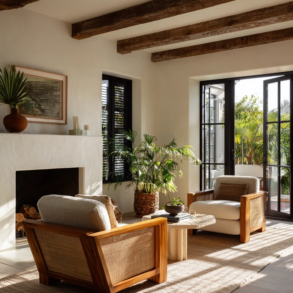 Tropical British colonial interior design inspiration showing a compact living room concept with two dark wood Tropical British colonial interior design inspiration showing a compact living room concept with two dark wood