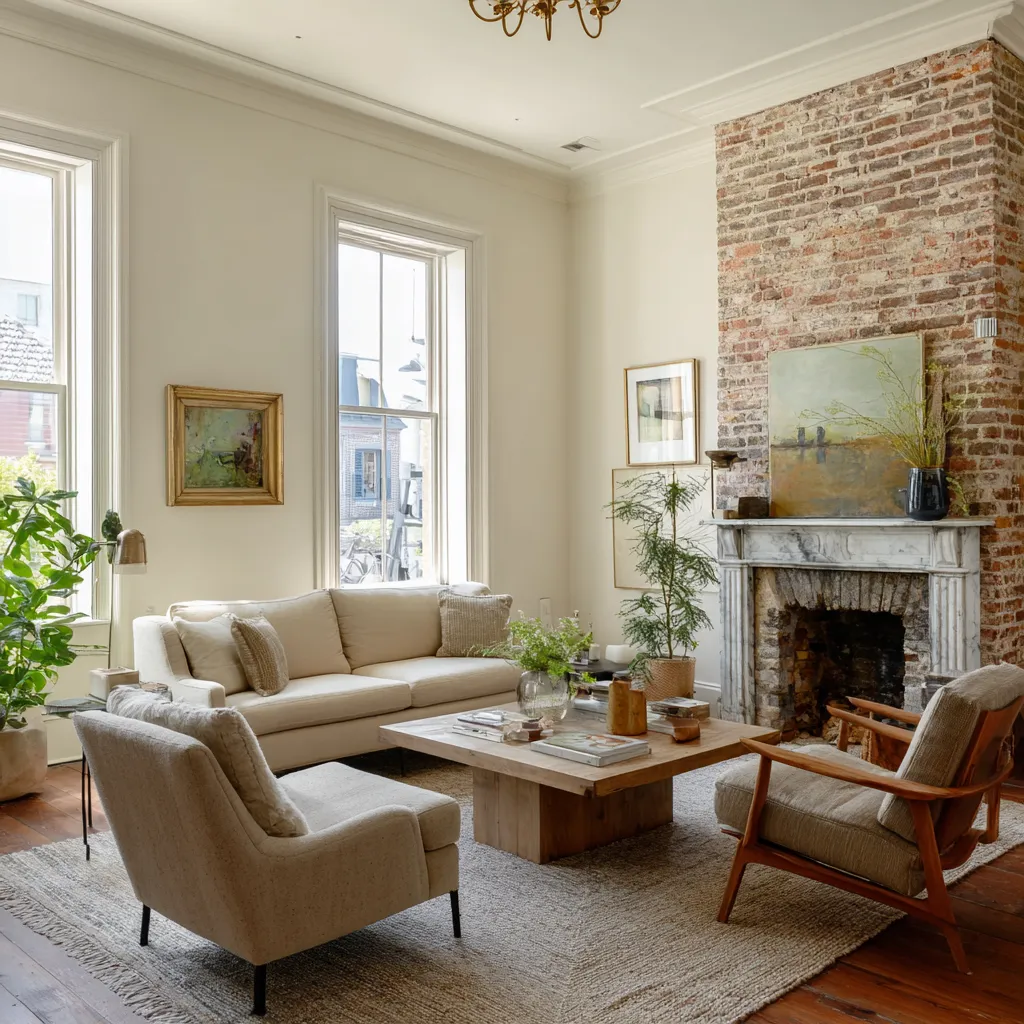 Urban New Orleans inspired living room ideas with an exposed brick chimney, marble mantel, tall windows, pale sofa, mixed accent chairs Urban New Orleans inspired living room ideas with an exposed brick chimney, marble mantel, tall windows, pale sofa, mixed accent chairs