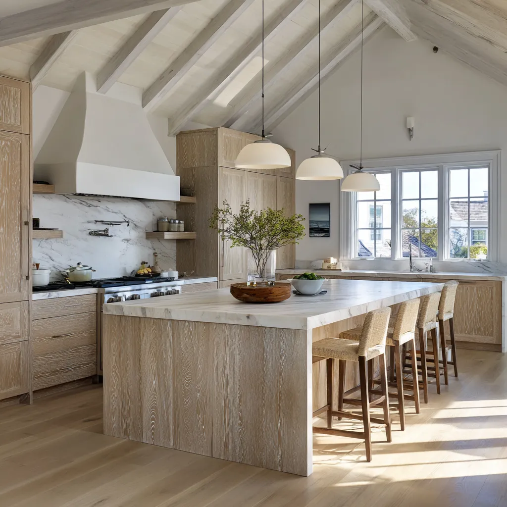 Vaulted modern Cape Cod kitchen design inspiration with bleached oak cabinetry, exposed rafters, white hood Vaulted modern Cape Cod kitchen design inspiration with bleached oak cabinetry, exposed rafters, white hood