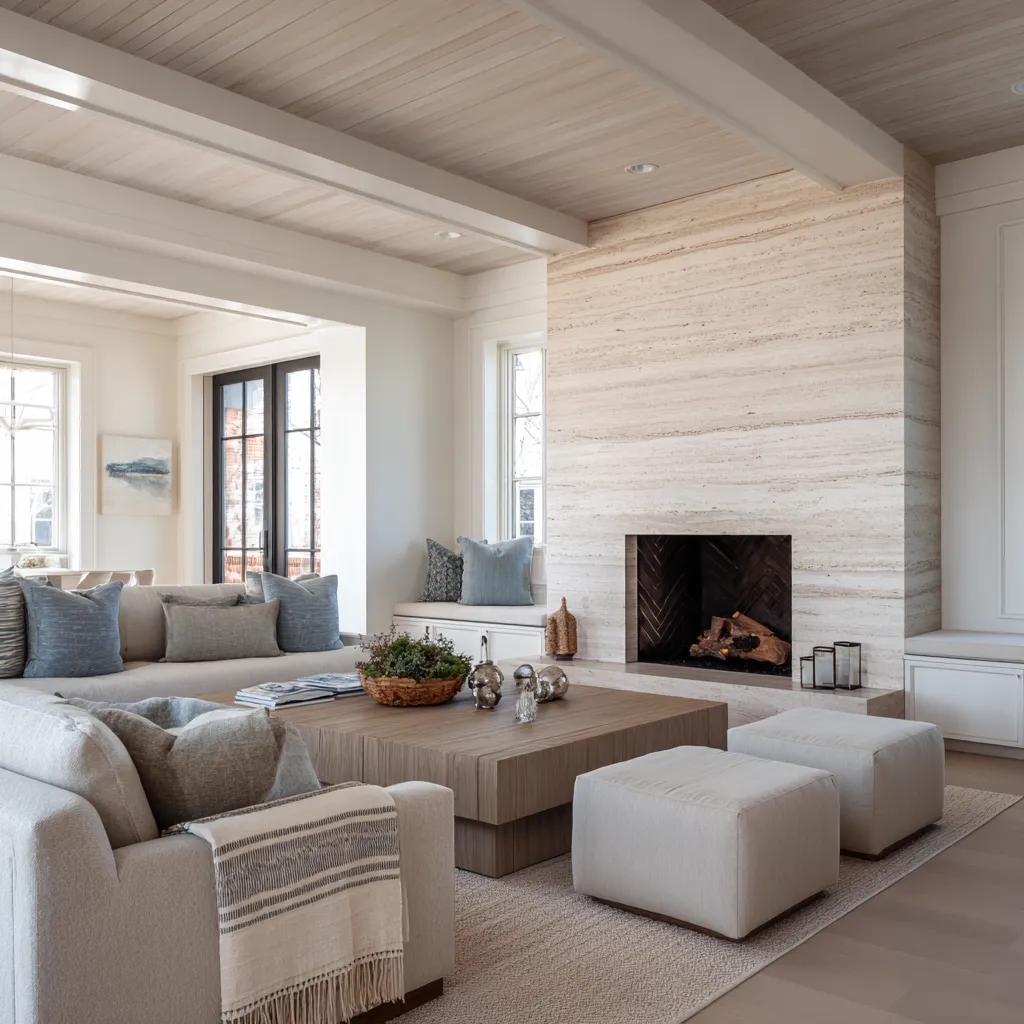 Vein-cut travertine brings a layered mineral effect that suits Cape Cod’s shoreline atmosphere