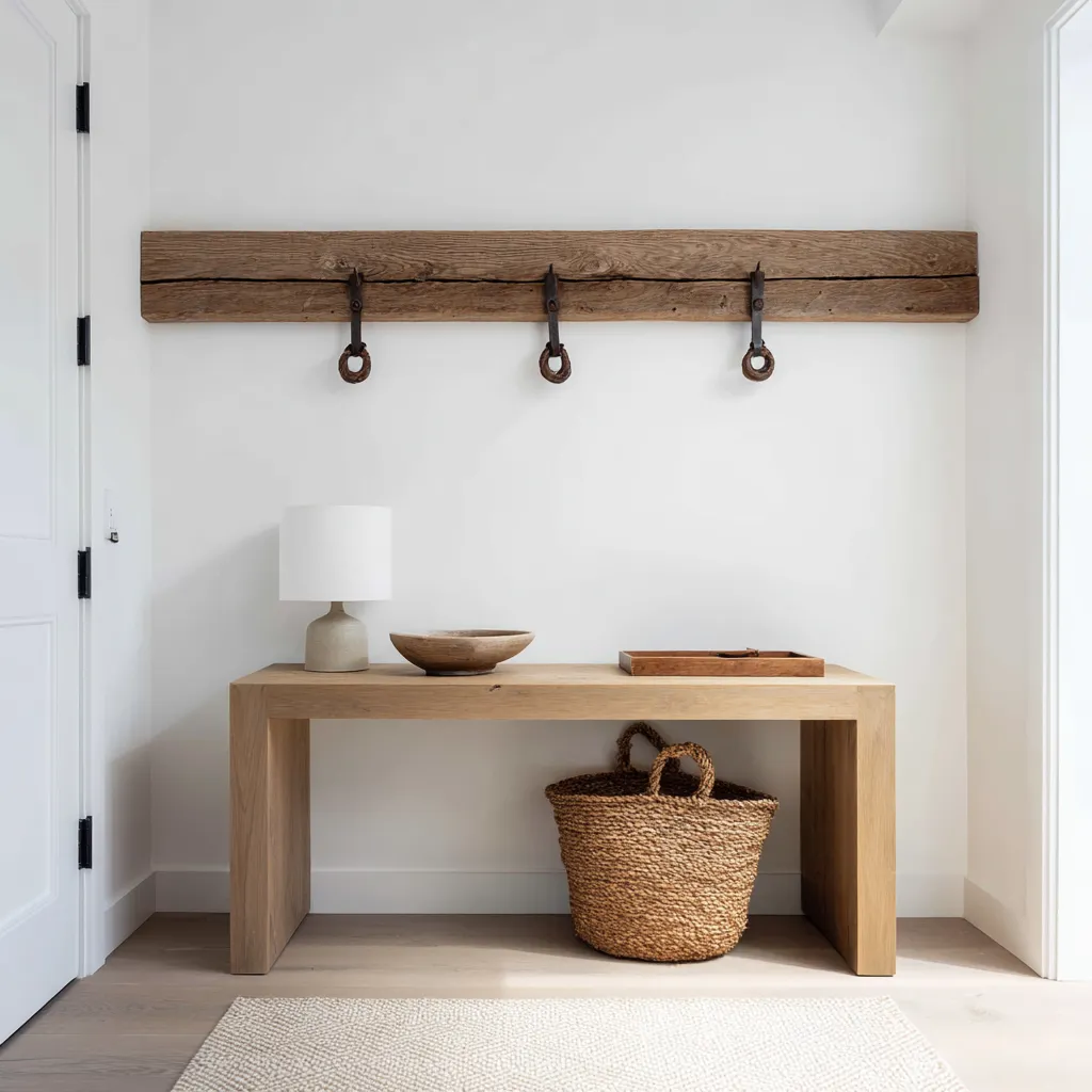 Very Minimal beach theme entryway design with reclaimed wood hook rail, dark ring hooks, block-style pale console Very Minimal beach theme entryway design with reclaimed wood hook rail, dark ring hooks, block-style pale console