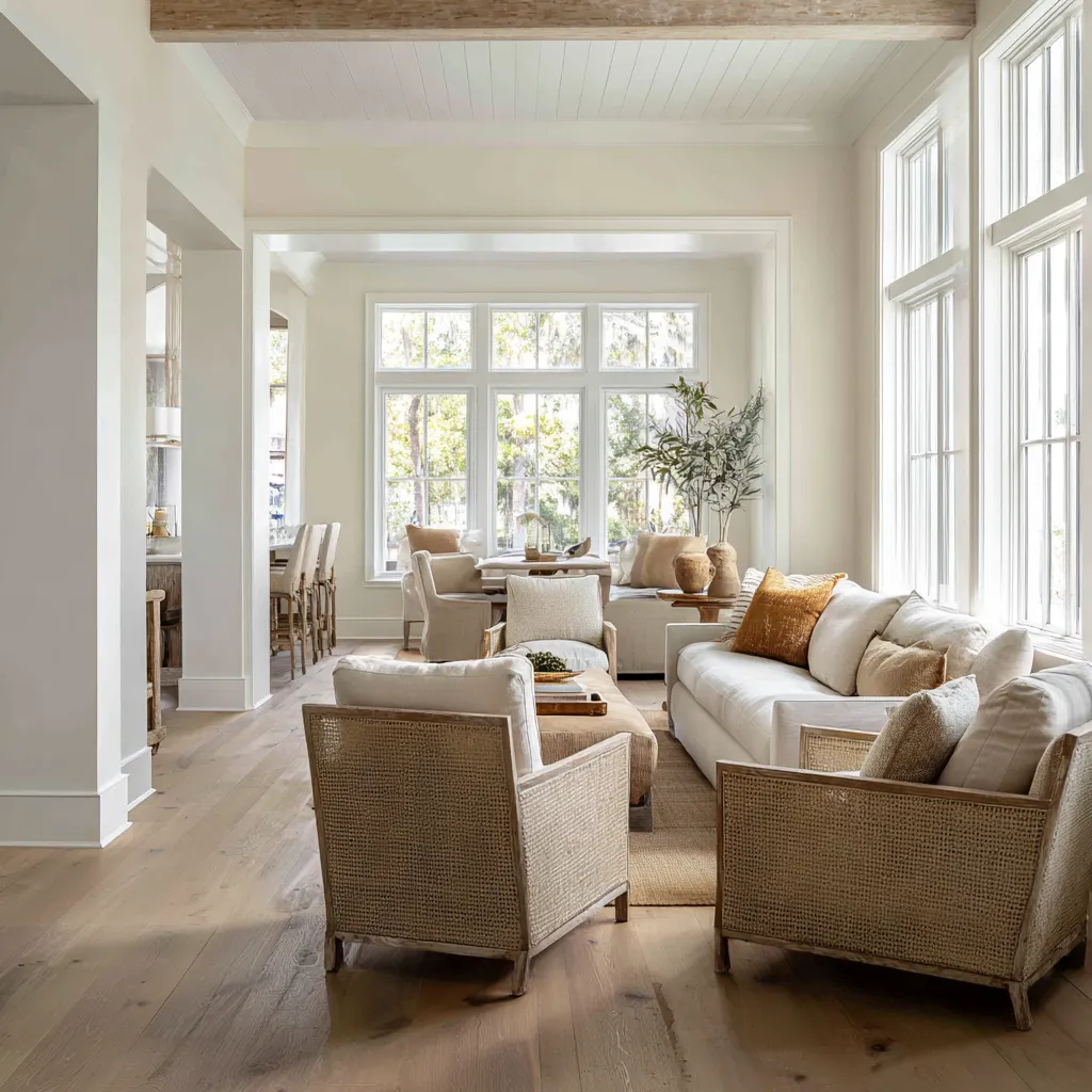 Very airy living room with long sightlines through connected spaces, tall white-trimmed windows, a cream sofa Very airy living room with long sightlines through connected spaces, tall white-trimmed windows, a cream sofa