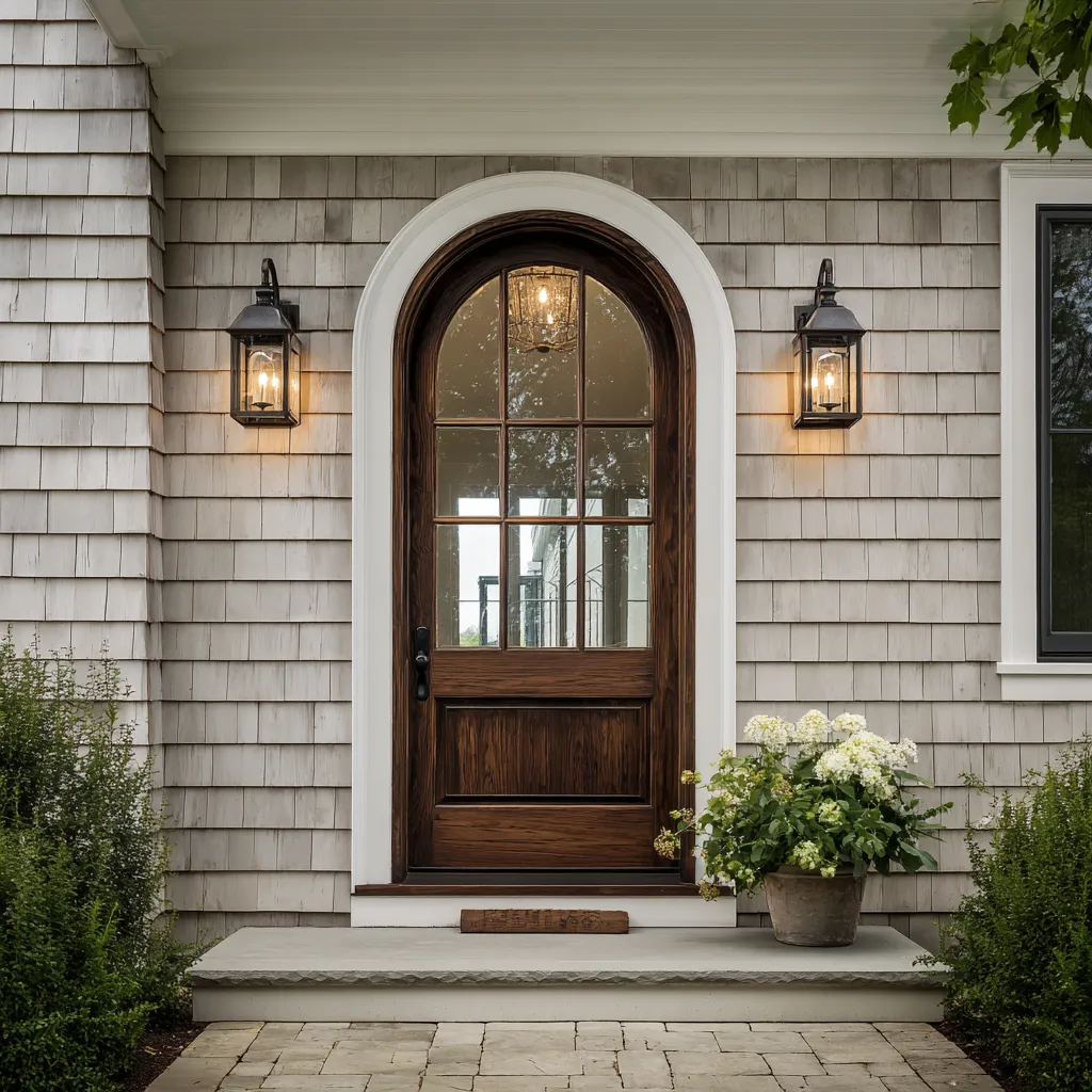 Very dark-stained wood main door idea with a large arched glazed upper section inside a broad white curved surround Very dark-stained wood main door idea with a large arched glazed upper section inside a broad white curved surround