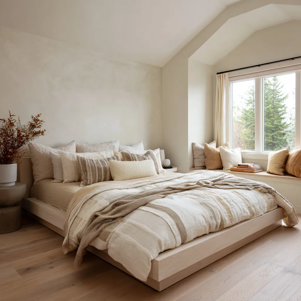 Very light bedroom with a low pale wood platform bed, layered cream and flax bedding, a striped duvet Very light bedroom with a low pale wood platform bed, layered cream and flax bedding, a striped duvet