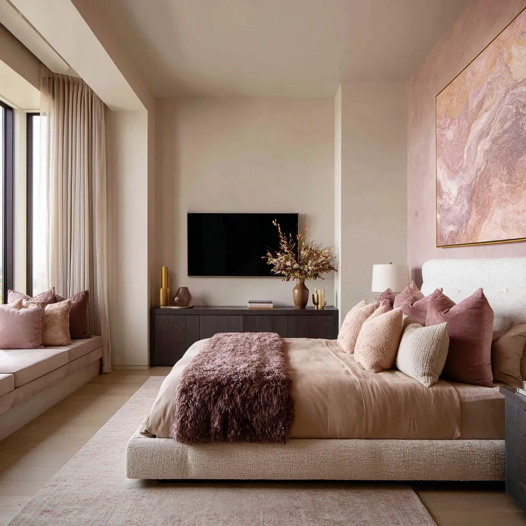 Very modern pink maximalist bedroom with blush-beige walls, dusty mauve pillows and throw, abstract pink artwork above the bed Very modern pink maximalist bedroom with blush-beige walls, dusty mauve pillows and throw, abstract pink artwork above the bed