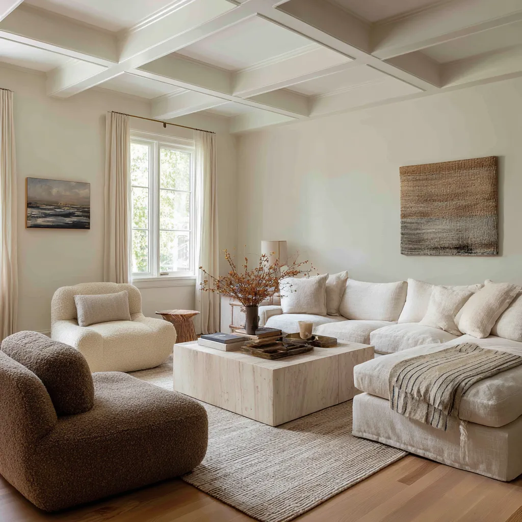 Very pale rustic Scandinavian living room inspiration idea with a painted coffered ceiling, large linen sectional, sculptural lounge chairs Very pale rustic Scandinavian living room inspiration idea with a painted coffered ceiling, large linen sectional, sculptural lounge chairs