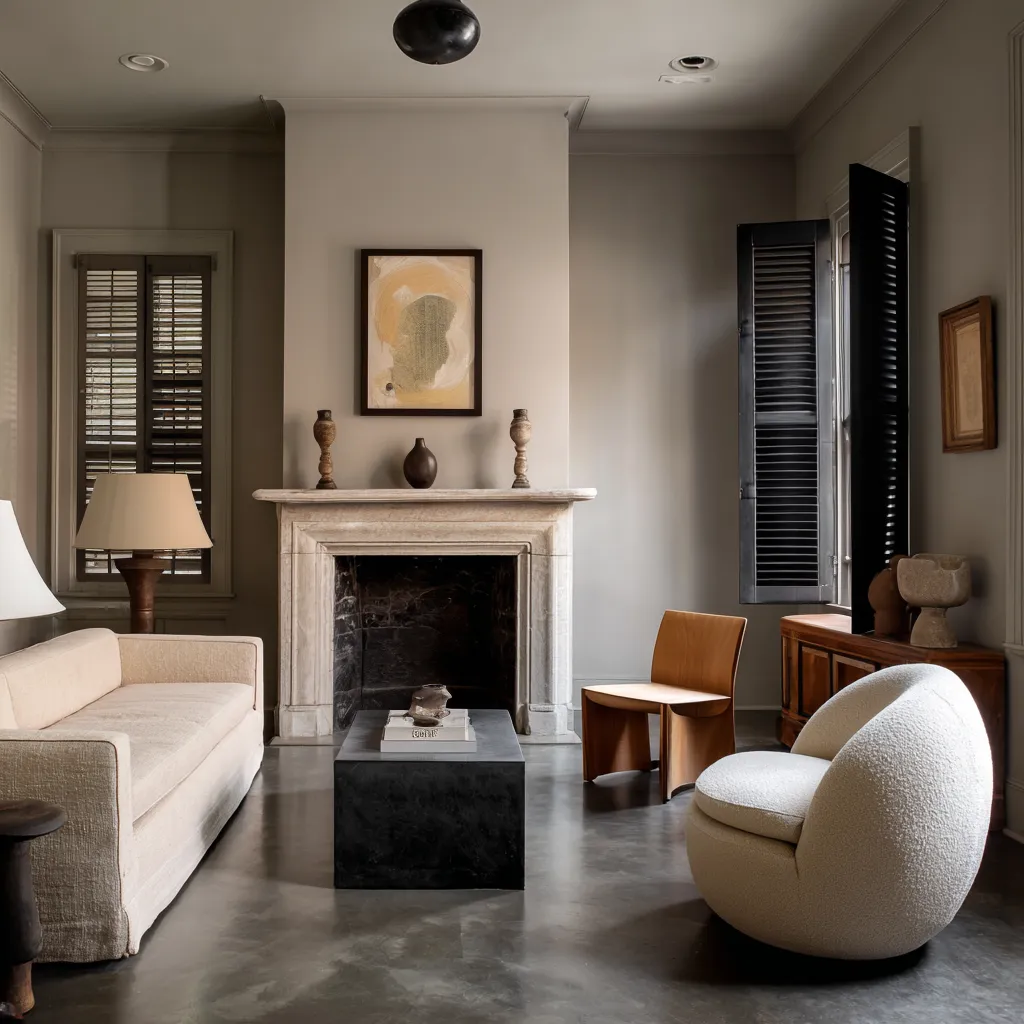 Very pared-back modernism with shutters, stone mantel, and a gallery-like edit