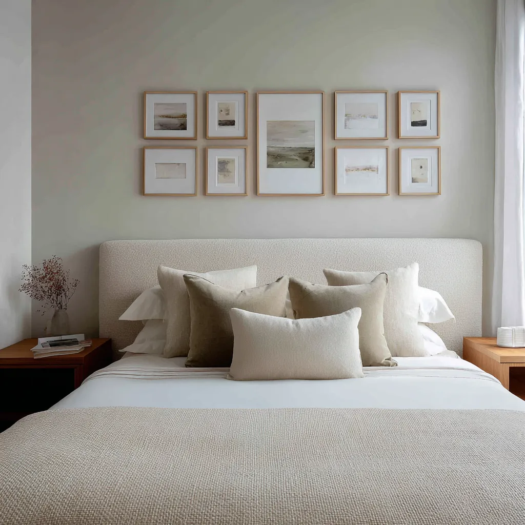 Wall decor for bedroom above bed featuring a six-piece black-framed grid with layered matting, muted abstract inserts Wall decor for bedroom above bed featuring a six-piece black-framed grid with layered matting, muted abstract inserts