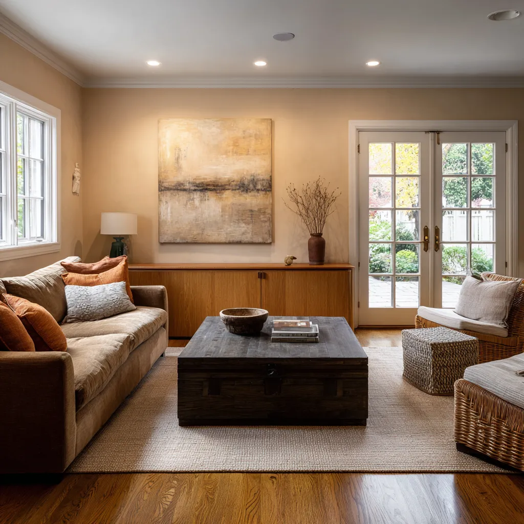 Warm Danish-inspired interior design ideas with a long wood credenza, earthy brown sofa, dark coffee table Warm Danish-inspired interior design ideas with a long wood credenza, earthy brown sofa, dark coffee table