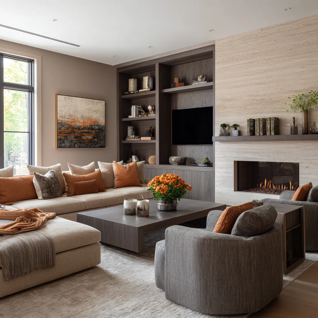 Warm beige living room with pale stone fireplace, dark wood media niche, broad sectional with apricot and rust pillows Warm beige living room with pale stone fireplace, dark wood media niche, broad sectional with apricot and rust pillows