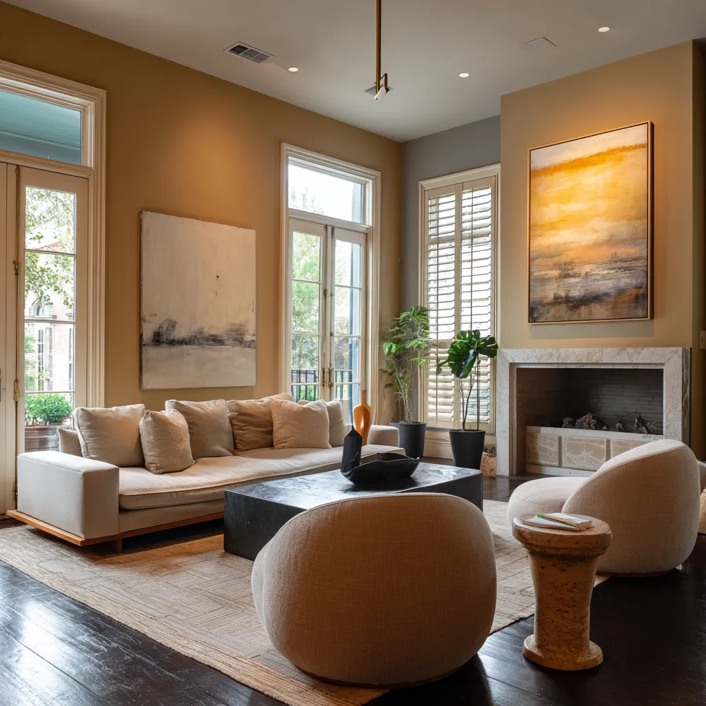 Warm camel walls, marble fireplace, and a room built around color temperature and sculptural contrast for New Orleans theme interior design Warm camel walls, marble fireplace, and a room built around color temperature and sculptural contrast for New Orleans theme interior design