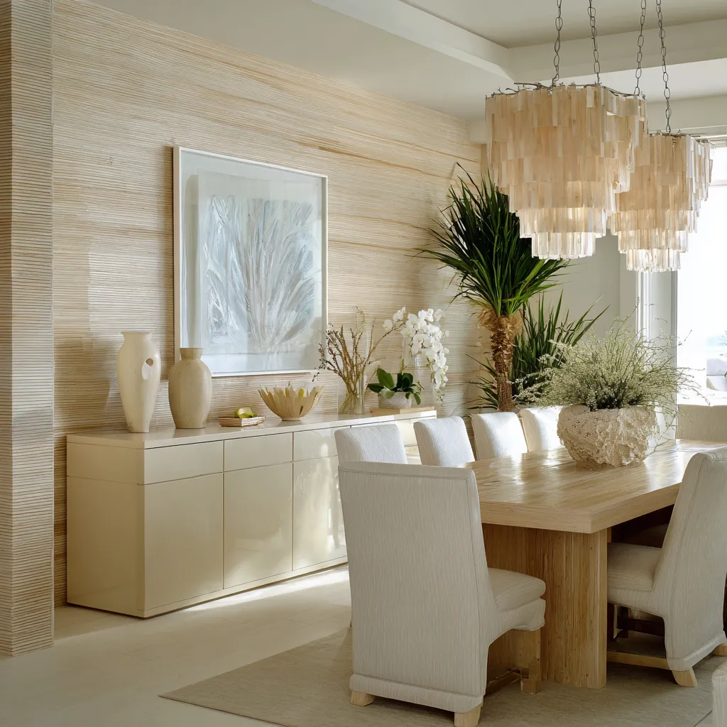 Warm coastal dining room interior design concept with pale sand tones, a lined textured wall, glossy cream sideboard Warm coastal dining room interior design concept with pale sand tones, a lined textured wall, glossy cream sideboard