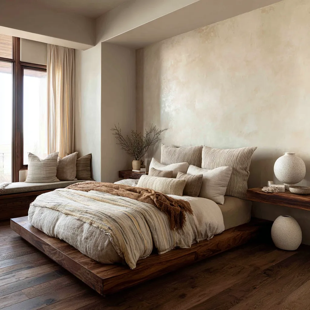 Warm earthy bedroom with a low dark walnut platform bed, striped bedding, a brown throw, textured plaster-like walls Warm earthy bedroom with a low dark walnut platform bed, striped bedding, a brown throw, textured plaster-like walls