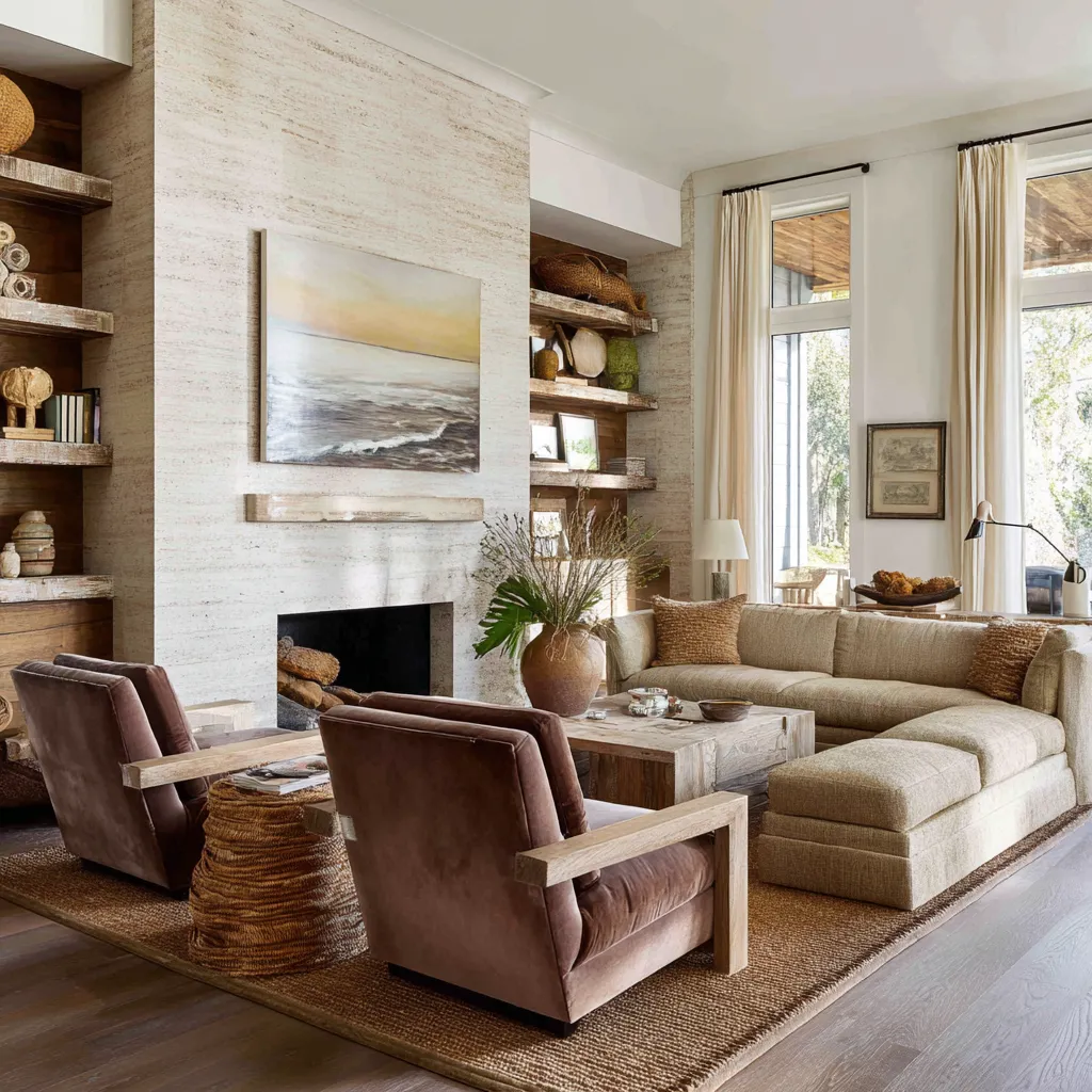 Warm living room with a large pale stone fireplace, open shelving, a cream sectional Warm living room with a large pale stone fireplace, open shelving, a cream sectional