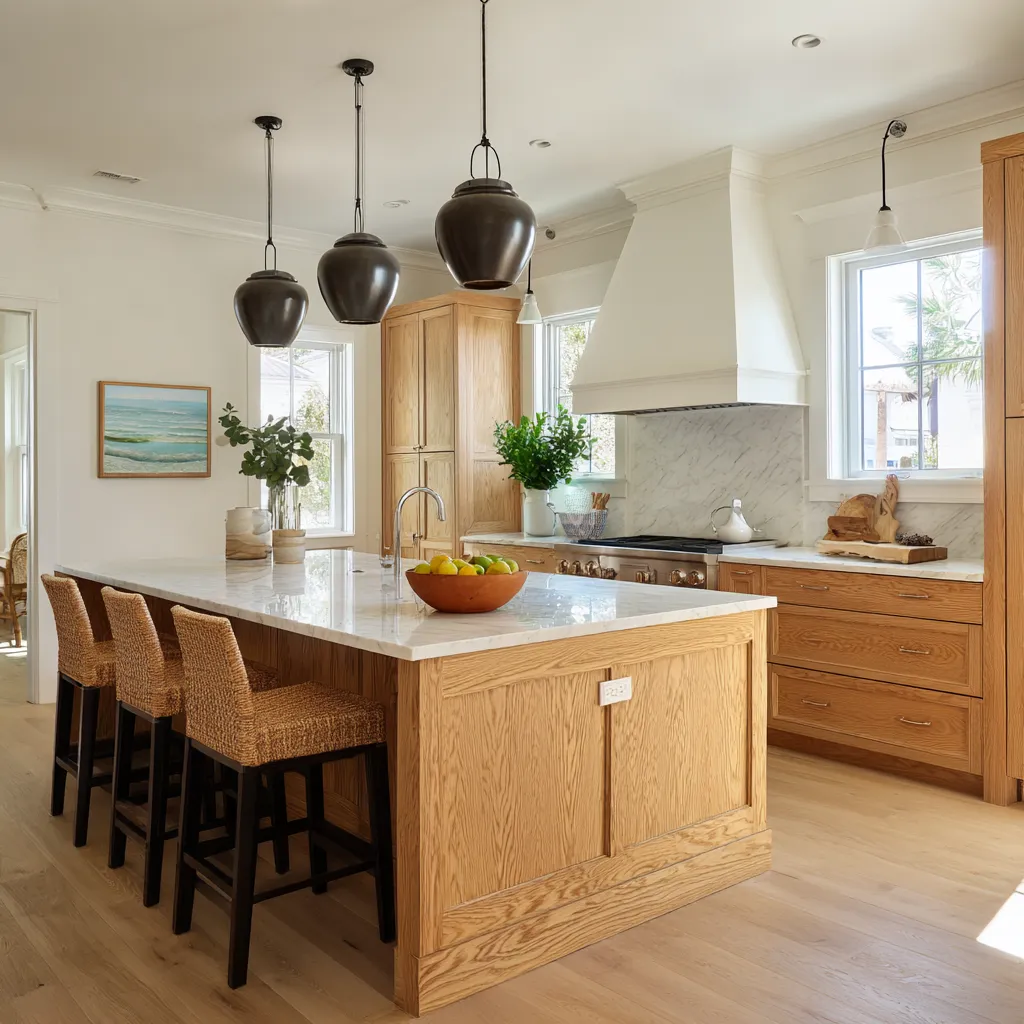 Warm modern Cape Cod kitchen design inspiration with honey-toned oak cabinetry, white hood, marble backsplash Warm modern Cape Cod kitchen design inspiration with honey-toned oak cabinetry, white hood, marble backsplash