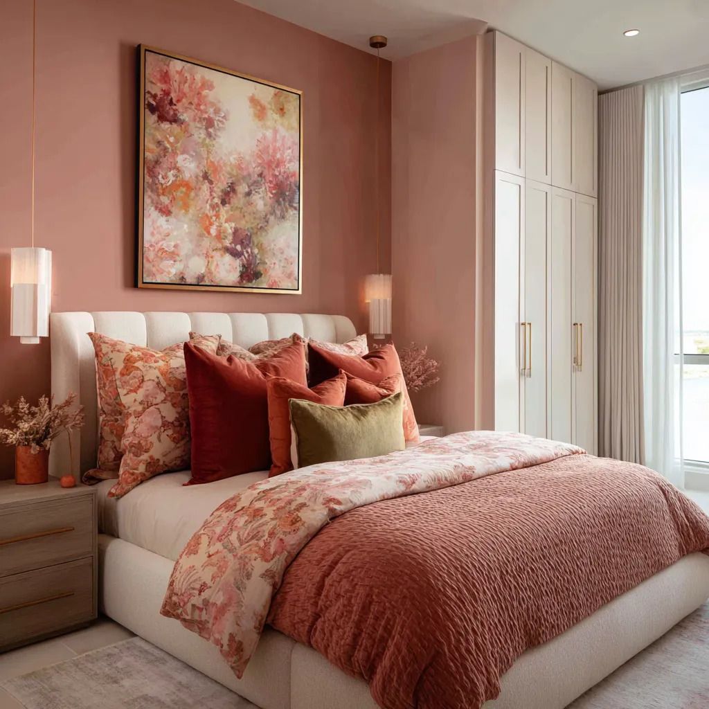 Warm pink maximalist bedroom with a rose-clay wall, large abstract floral art, pale upholstered headboard, terracotta and blush pillows Warm pink maximalist bedroom with a rose-clay wall, large abstract floral art, pale upholstered headboard, terracotta and blush pillows