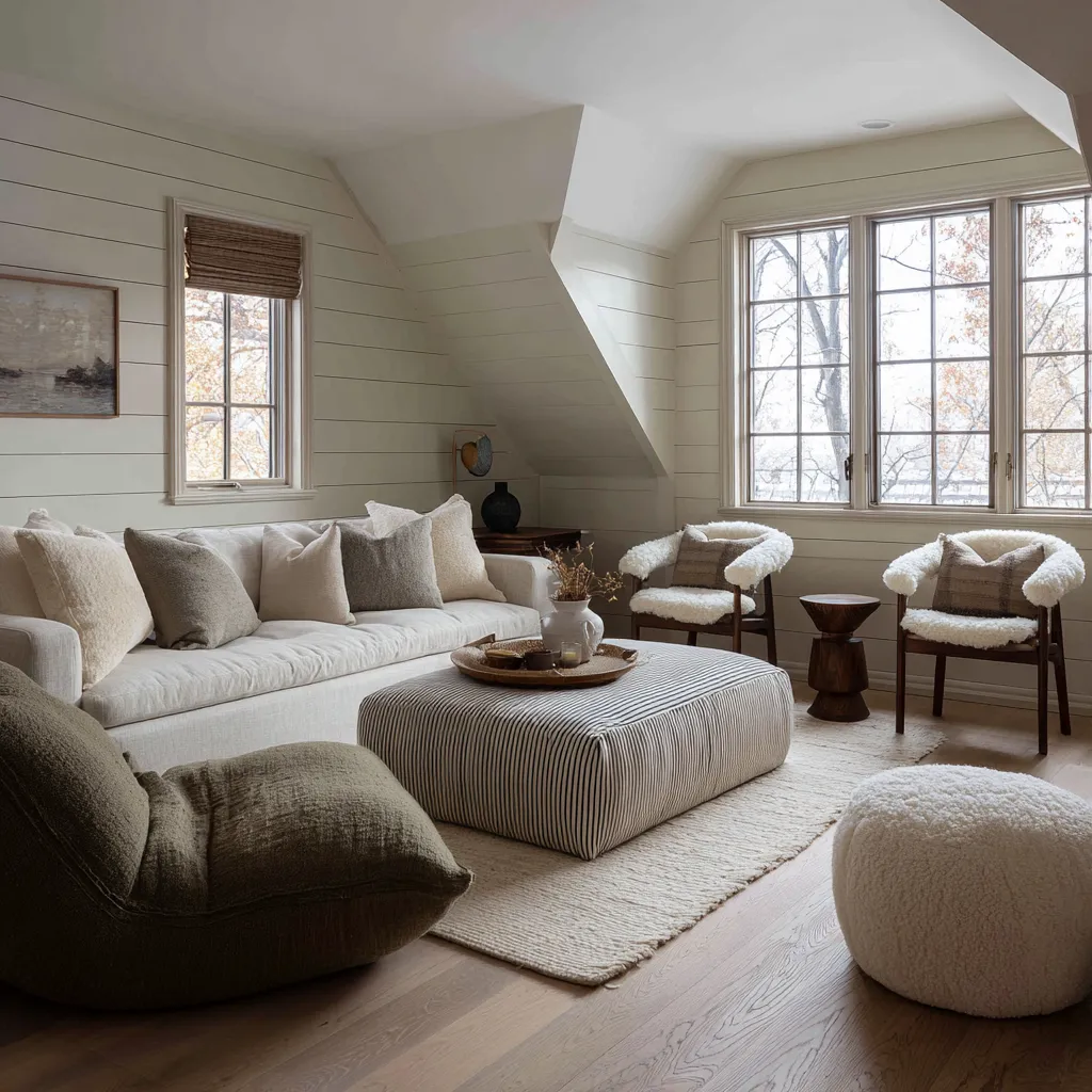 Warm rustic Scandinavian living room inspiration concept with painted shiplap walls, a sloped ceiling, soft neutral sofa