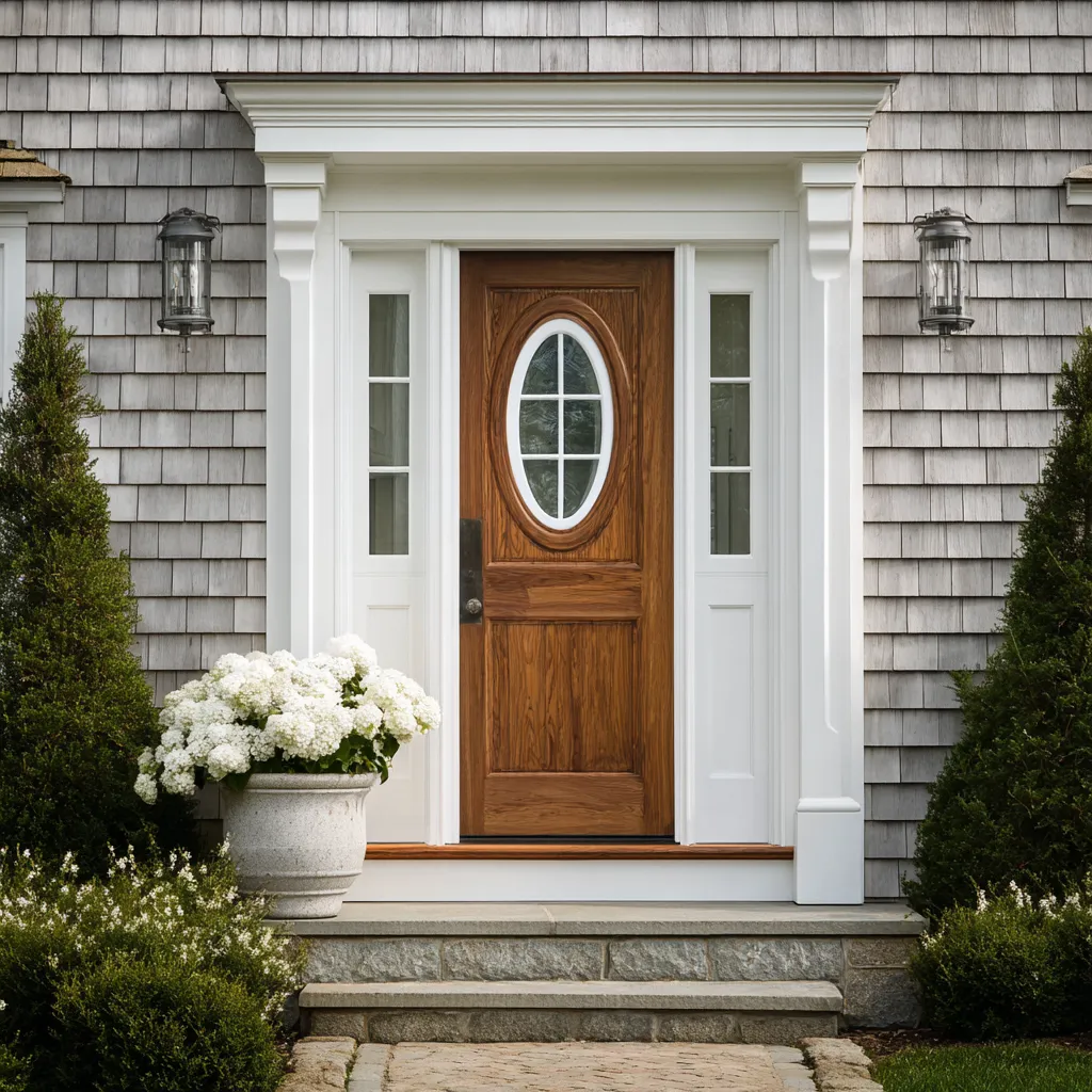 Warm wood front door design with an oval-inspired upper glass, narrow sidelights, and a heavy white shingle-house surround Warm wood front door design with an oval-inspired upper glass, narrow sidelights, and a heavy white shingle-house surround