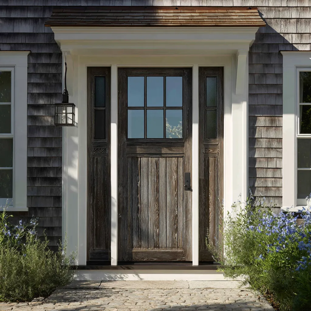 Weathered dark-wood plank front door design with clear four-lite upper glass and narrow side panels Weathered dark-wood plank front door design with clear four-lite upper glass and narrow side panels