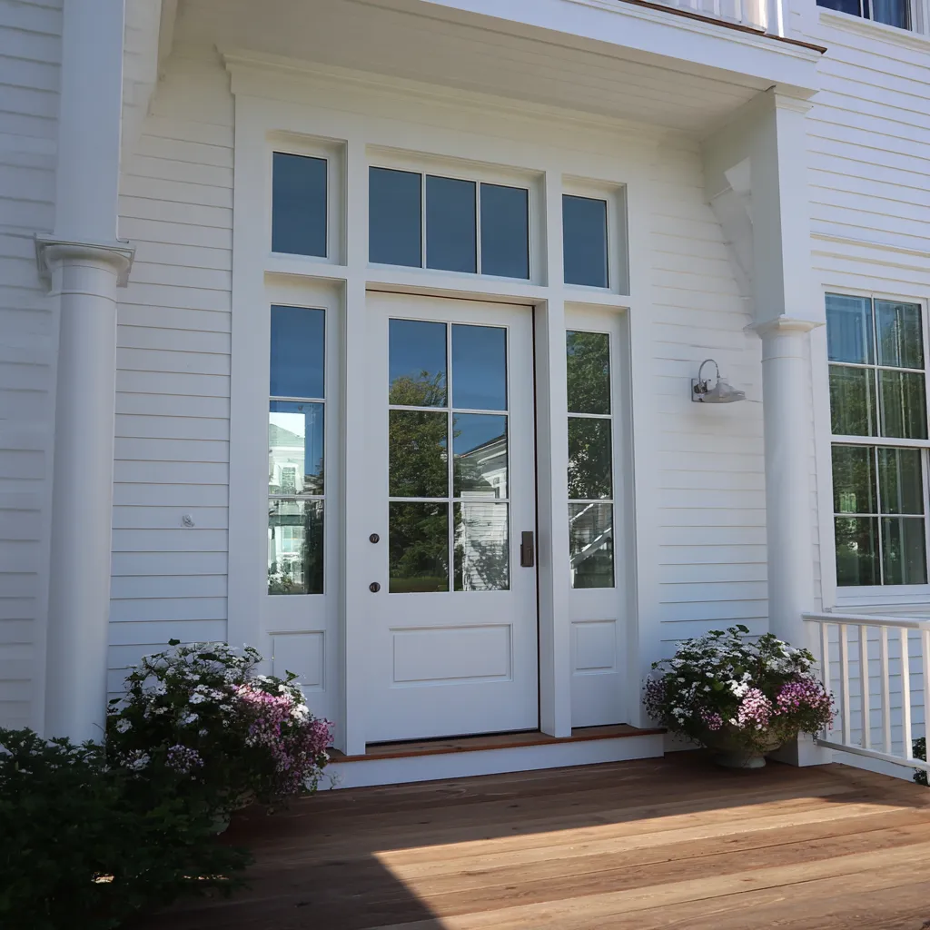 White glass-forward Cape Cod style front entry ideas with tall sidelights, a broad transom, and classical porch posts White glass-forward Cape Cod style front entry ideas with tall sidelights, a broad transom, and classical porch posts