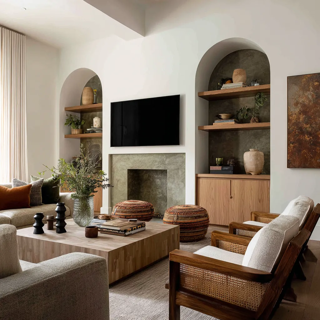 White living room with centered TV fireplace wall, twin arched shelf niches, walnut shelves, pale wood block coffee table White living room with centered TV fireplace wall, twin arched shelf niches, walnut shelves, pale wood block coffee table